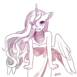 Size: 2000x2000 | Tagged: safe, artist:rd_3024, princess luna, alicorn, anthro, g4, bare shoulders, breasts, cleavage, clothes, crying, dress, female, high res, jewelry, looking at you, mare, regalia, simple background, solo, white background