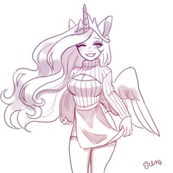 Size: 2000x2000 | Tagged: dead source, safe, artist:rd_3024, princess celestia, alicorn, anthro, g4, blushing, boob window, breasts, cleavage, clothes, cute, female, high res, keyhole turtleneck, miniskirt, moe, one eye closed, open-chest sweater, simple background, skirt, skirt lift, solo, sweater, tray, turtleneck, white background