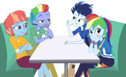 Size: 2488x1508 | Tagged: safe, artist:ilaria122, bow hothoof, rainbow dash, soarin', windy whistles, equestria girls, g4, base used, blushing, clothes, embarrassed, equestria girls-ified, father and daughter, female, legs, looking away, male, mother and daughter, multicolored hair, pants, ship:soarindash, shipping, shirt, simple background, sitting, straight, table, transparent background