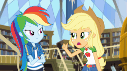 Size: 800x450 | Tagged: safe, screencap, applejack, dj pon-3, rainbow dash, vinyl scratch, equestria girls, fluttershy's butterflies, g4, my little pony equestria girls: better together, animated, animation error, clothes, cowboy hat, crossed arms, denim skirt, female, freckles, geode of super speed, geode of super strength, hat, magical geodes, skirt, stetson