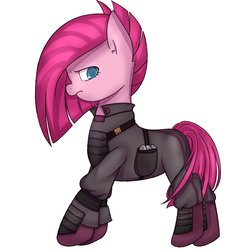 Size: 1000x1000 | Tagged: safe, artist:770nanao15, pinkie pie, earth pony, pony, g4, alternate timeline, apinkalypse pie, clothes, crystal war timeline, female, looking at you, mare, pinkamena diane pie, rock, simple background, solo, white background