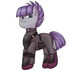 Size: 1000x1000 | Tagged: safe, artist:770nanao15, maud pie, earth pony, pony, g4, alternate timeline, apocalypse maud, clothes, crystal war timeline, female, looking at you, mare, rock, simple background, solo, white background