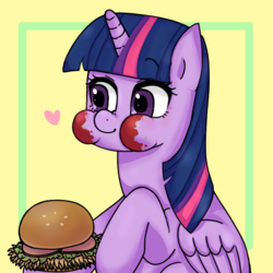 Size: 800x800 | Tagged: safe, artist:770nanao15, twilight sparkle, alicorn, pony, g4, burger, cute, eating, female, food, hamburger, heart, mare, puffy cheeks, that pony sure does love burgers, twiabetes, twilight burgkle, twilight sparkle (alicorn)