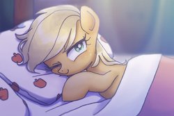 Size: 1059x706 | Tagged: safe, artist:xp_r6, applejack, earth pony, pony, g4, bed, blanket, cute, female, in bed, jackabetes, looking at you, mare, one eye closed, pillow, smiling, solo