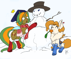 Size: 900x750 | Tagged: safe, artist:appelknekten, oc, oc only, oc:honey cotton, oc:keepsake, earth pony, pony, unicorn, animated, carrot, duo, eating, female, filly, food, gif, herbivore, horses doing horse things, offspring, parent:oc:appel, parent:oc:sketchy skylar, parents:appelskylar, parents:oc x oc, simple background, sisters, snowman, transparent background, winter, winter outfit