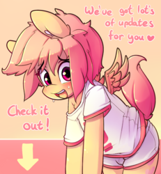 Size: 1329x1439 | Tagged: safe, artist:hoodie, oc, oc only, oc:announcer pony, pegasus, pony, semi-anthro, advertisement, clothes, cute, male, ocbetes, shirt, shorts, solo, t-shirt, text, wings