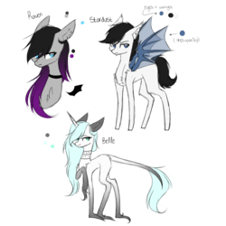 Size: 1000x1000 | Tagged: safe, artist:hyshyy, oc, oc only, oc:belle, oc:raven, oc:stardust, bat pony, pony, unicorn, female, male, mare, simple background, stallion, transparent background