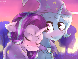 Size: 4000x3000 | Tagged: safe, artist:racheldantes, starlight glimmer, trixie, pony, unicorn, g4, blushing, cape, clothes, eyes closed, female, hat, lesbian, mare, ship:startrix, shipping, smiling, tree, trixie's cape, trixie's hat