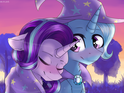 Size: 4000x3000 | Tagged: dead source, safe, artist:racheldantes, starlight glimmer, trixie, pony, unicorn, g4, blushing, cape, clothes, eyes closed, female, hat, heart eyes, lesbian, mare, ship:startrix, shipping, smiling, tree, trixie's cape, trixie's hat, wingding eyes