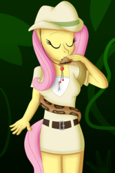 Size: 3495x5243 | Tagged: safe, artist:sergeant16bit, fluttershy, python, snake, anthro, g4, animal, belt, clothes, cute, explorer, female, hat, jungle, miniskirt, skirt, solo