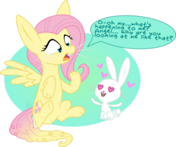 Size: 977x817 | Tagged: safe, artist:blupolicebox, angel bunny, fluttershy, pegasus, pony, rabbit, g4, bucktooth, bunnified, bunnyshy, dialogue, female, fluffy tail, heart, heart eyes, long ears, male, mid-transformation, oh my, paws, ship:angelshy, shipping, simple background, species swap, speech bubble, straight, transformation, transparent background, whiskers, wingding eyes