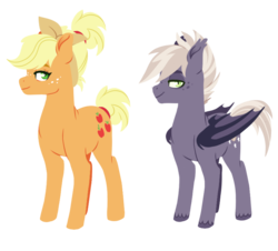 Size: 744x672 | Tagged: safe, artist:whalepornoz, applejack, oc, oc:moonshine, bat pony, g4, alternate hairstyle, eyeshadow, female, freckles, makeup, offspring, parent:applejack, parent:night guard, simple background, transparent background, unshorn fetlocks