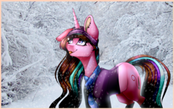 Size: 1733x1083 | Tagged: safe, artist:symphstudio, oc, oc only, oc:twinke paint, pony, unicorn, clothes, female, mare, one ear down, scarf, snow, solo, tongue out