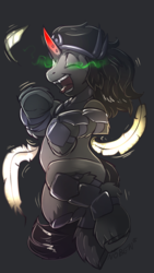 Size: 1080x1920 | Tagged: safe, artist:noben, king sombra, g4, curled up, feather, horn, laughing, magic, male, on back, tickling