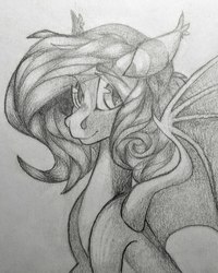 Size: 1726x2160 | Tagged: safe, artist:dodsie, oc, oc only, oc:fire glow, bat pony, pony, bust, female, grayscale, mare, monochrome, simple background, solo, traditional art, white background