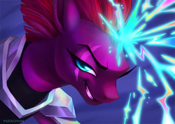 Size: 770x544 | Tagged: safe, artist:pastachyan, tempest shadow, pony, unicorn, g4, my little pony: the movie, armor, broken horn, electricity, electricity magic, eye scar, female, grin, happy, horn, looking at you, magic, mare, scar, smiling, smirk, smug, smugest shadow, solo, sparking horn