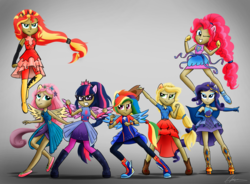 Size: 5816x4274 | Tagged: safe, artist:oinktweetstudios, applejack, fluttershy, pinkie pie, rainbow dash, rarity, sci-twi, sunset shimmer, twilight sparkle, equestria girls, equestria girls specials, g4, my little pony equestria girls: better together, my little pony equestria girls: forgotten friendship, absurd resolution, clothes, fingerless gloves, glasses, gloves, human coloration, humane five, humane seven, humane six, pants, ponied up, signature