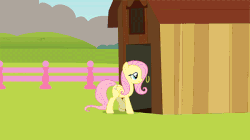 Size: 600x337 | Tagged: safe, artist:forgalorga, fluttershy, twilight sparkle, pegasus, pony, unicorn, .mov, shed.mov, g4, animated, axe, barn, female, fence, fluttershed, fluttershy's shed, gif, grass, horn, implied murder, mare, murdershy, secrets of the mane 6, sky, stay out of my shed, weapon, wings
