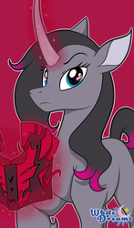 Size: 1761x3000 | Tagged: safe, artist:xwhitedreamsx, oleander (tfh), them's fightin' herds, book, community related, curved horn, female, glowing horn, horn, levitation, looking at you, magic, red background, simple background, solo, spellbook, telekinesis, unicornomicon
