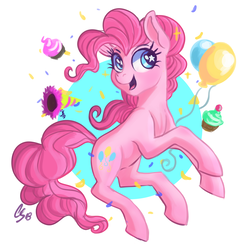 Size: 2000x2000 | Tagged: safe, artist:ask-colorsound, pinkie pie, earth pony, pony, g4, balloon, cupcake, cute, diapinkes, female, food, high res, mare, open mouth, simple background, smiling, solo, starry eyes, wingding eyes