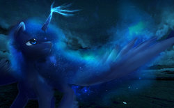 Size: 1280x792 | Tagged: safe, artist:thatonegib, princess luna, pony, g4, ethereal mane, female, flying, looking up, magic, night, night sky, sky, smiling, solo, spread wings, unshorn fetlocks, wings