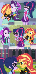 Size: 1800x3642 | Tagged: safe, artist:spottedlions, sci-twi, starlight glimmer, sunset shimmer, twilight sparkle, equestria girls, equestria girls specials, g4, my little pony equestria girls: mirror magic, canterlot high, clothes, comforting, counterparts, courtyard, eyes closed, female, glasses, hat, jacket, jealous, leather jacket, lesbian, magical trio, meme, open mouth, romantic jealousy, ship:sci-twishimmer, ship:sunsetsparkle, shipping, shipping war, smug, smuglight glimmer, waifu thief