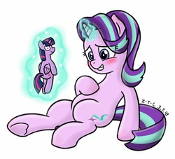 Size: 1439x1305 | Tagged: safe, artist:z-y-c, starlight glimmer, twilight sparkle, alicorn, pony, unicorn, g4, blushing, cute, embarrassed, female, glimmerbetes, glowing horn, horn, lesbian, levitation, magic, mare, plushie, ship:twistarlight, shipping, simple background, smiling, telekinesis, toy, twilight sparkle (alicorn), white background
