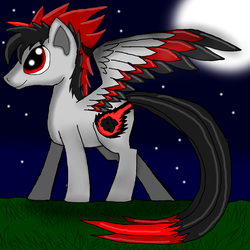 Size: 2000x2000 | Tagged: safe, artist:meteor-strike-mlp, oc, oc only, oc:meteor strike, pegasus, pony, backstory in description, grass, high res, male, moon, multiple tails, night, red and black oc, red eyes, solo, spread wings, stallion, stars, wings