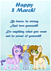 Size: 2300x3200 | Tagged: safe, artist:isorrayi, oc, oc only, earth pony, pegasus, pony, unicorn, female, high res, international women's day, mare, positive ponies, spread wings, wings