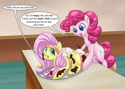 Size: 1915x1368 | Tagged: safe, artist:hunnter, fluttershy, pinkie pie, earth pony, pony, g4, cherry, chocolate, dialogue, female, fetish, flutterbutt, food, foodplay, imminent vore, implied cannibalism, mare, person as food, whipped cream