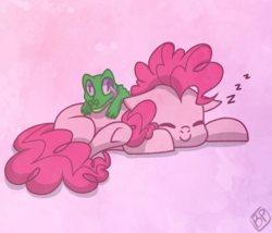 Size: 3500x3000 | Tagged: safe, artist:glitterstar2000, gummy, pinkie pie, alligator, earth pony, pony, g4, cute, diapinkes, eyes closed, female, high res, male, mare, prone, sleeping, smiling, tongue out, zzz