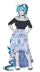 Size: 2343x4165 | Tagged: safe, artist:askbubblelee, oc, oc only, oc:bubble lee, unicorn, anthro, unguligrade anthro, anthro oc, choker, clothes, female, freckles, hair bun, mare, off shoulder, simple background, skirt, smiling, solo, transparent background