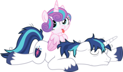 Size: 2500x1469 | Tagged: safe, artist:bluetech, artist:paganmuffin, edit, editor:slayerbvc, vector edit, princess flurry heart, shining armor, alicorn, pony, unicorn, g4, baby, baby pony, cute, father and daughter, female, filly, flurry heart riding shining armor, flurrybetes, foal, looking back, looking up, male, messy mane, ponies riding ponies, riding, simple background, sleeping, stallion, stubble, tired, tongue out, transparent background, vector