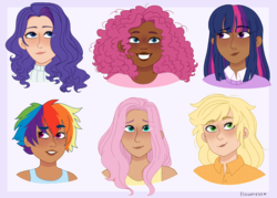 Size: 1680x1200 | Tagged: safe, artist:fioweress, applejack, fluttershy, pinkie pie, rainbow dash, rarity, twilight sparkle, human, g4, clothes, dark skin, female, humanized, mane six, short hair, short hair rainbow dash, smiling