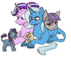 Size: 1614x1297 | Tagged: safe, artist:ducksgonnaduck985, maud pie, starlight glimmer, trixie, oc, oc:cinnamon, oc:turquoise shard, pony, g4, adopted offspring, baby, baby pony, female, filly, leonine tail, lesbian, magical lesbian spawn, magical threesome spawn, next generation, offspring, parent:maud pie, parent:prince blueblood, parent:starlight glimmer, parent:trixie, parent:unnamed oc, parents:canon x oc, parents:starmauxie, polyamory, ship:mauxie, ship:startrix, shipping, simple background, starmaud, starmauxie, white background