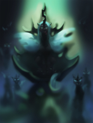 Size: 913x1200 | Tagged: dead source, safe, artist:picturemixture, queen chrysalis, changeling, changeling queen, pony, g4, to where and back again, fangs, female, green eyes, horn, throne