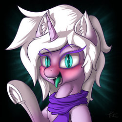Size: 600x600 | Tagged: safe, artist:calena, oc, oc only, oc:nyuchi, pony, unicorn, abstract background, blushing, clothes, cyan eyes, ear fluff, female, green tongue, happy, open mouth, profile, raised hoof, requested art, scarf, simple background, solo, underhoof