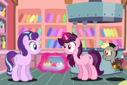 Size: 1699x1133 | Tagged: safe, alternate version, artist:stellardusk, discord, starlight glimmer, sugar belle, pony, unicorn, friendship is magic, g4, alternate hairstyle, alternate universe, baby discord, cupcake, female, floating, food, heart eyes, magic, magic aura, mare, redesign, show accurate, sugarcube corner, wingding eyes