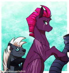 Size: 1024x1074 | Tagged: safe, artist:inuhoshi-to-darkpen, grubber, tempest shadow, pony, unicorn, g4, my little pony: the movie, adult blank flank, armor, blank flank, blank flank tempest, blue background, broken horn, duo, eye scar, female, horn, mare, realistic horse legs, scar, simple background, sitting, torn ear