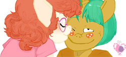 Size: 672x306 | Tagged: safe, artist:si-hu, edit, snails, twist, earth pony, unicorn, anthro, g4, blushing, cheek kiss, cover image, duo, eyes closed, female, filly, freckles, glasses, kissing, male, photoshop, ship:snailstwist, shipping, simple background, story cover, story in the source, straight, white background