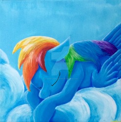 Size: 1024x1037 | Tagged: safe, artist:colorsceempainting, rainbow dash, pony, g4, cloud, female, paint, painting, sleeping, smiling, solo, traditional art, watermark