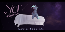 Size: 4000x2000 | Tagged: safe, artist:pesty_skillengton, oc, oc only, pony, background pony, bed, bts, commission, dream, solo, space, text, your character here