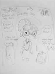 Size: 1440x1920 | Tagged: safe, artist:tjpones, sci-twi, twilight sparkle, equestria girls, g4, clothes, dialogue, doll, female, glasses, goggles, grayscale, lab coat, lineart, magnet, monochrome, pencil, pencil drawing, simple background, solo, speech bubble, text, thesis, toy, traditional art