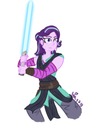 Size: 763x1046 | Tagged: safe, artist:erynerikard, derpibooru exclusive, starlight glimmer, equestria girls, g4, digital art, female, lightsaber, rey, simple background, solo, star wars, star wars: the last jedi, transparent background, weapon