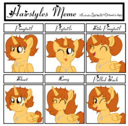 Size: 899x888 | Tagged: safe, artist:doraeartdreams-aspy, oc, oc:aspen, alicorn, pony, alicorn oc, cute, hairstyle, hairstyle swap, hairstyling, jewelry, meme, necklace, pigtails, ponytail