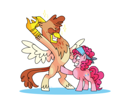 Size: 1024x853 | Tagged: safe, artist:hateful-minds, pinkie pie, oc, classical hippogriff, hippogriff, hybrid, g4, arm behind head, bipedal, female, grin, interspecies offspring, male, mother and son, offspring, parent:pinkie pie, pose, simple background, smiling, sparkles, spread wings, white background, wings
