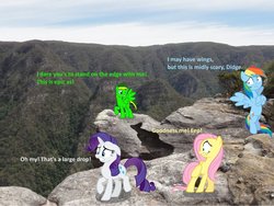 Size: 1024x769 | Tagged: safe, artist:didgereethebrony, fluttershy, rainbow dash, rarity, oc, oc:didgeree, g4, cliff, dialogue, irl, kanangra boyd national park, kanangra walls, mlp in australia, photo, ponies in real life