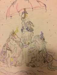 Size: 1024x1365 | Tagged: safe, artist:seriousponylovers, princess celestia, princess luna, star swirl the bearded, alicorn, pony, unicorn, g4, cloak, clothes, happy, laughing, magic, puddle, rain, traditional art, umbrella, young