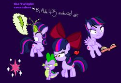 Size: 1024x699 | Tagged: safe, alternate version, artist:pinkieshy435, apple bloom, scootaloo, spike, sweetie belle, twilight sparkle, dragon, g4, book, cutie mark, cutie mark crusaders, female, filly, filly twilight sparkle, heart, magic, male, quill, ship:spikebloom, shipping, spike is not amused, straight, telekinesis, tsundere, twilight sparkle (alicorn), unamused, younger