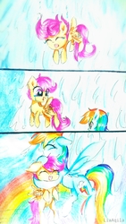 Size: 1836x3264 | Tagged: safe, artist:liaaqila, rainbow dash, scootaloo, pegasus, pony, g4, comic, crying, cute, cutealoo, dashabetes, duo, duo female, female, filly, flying, hug, mare, scootaloo can fly, scootalove, tears of joy, traditional art, waterfall